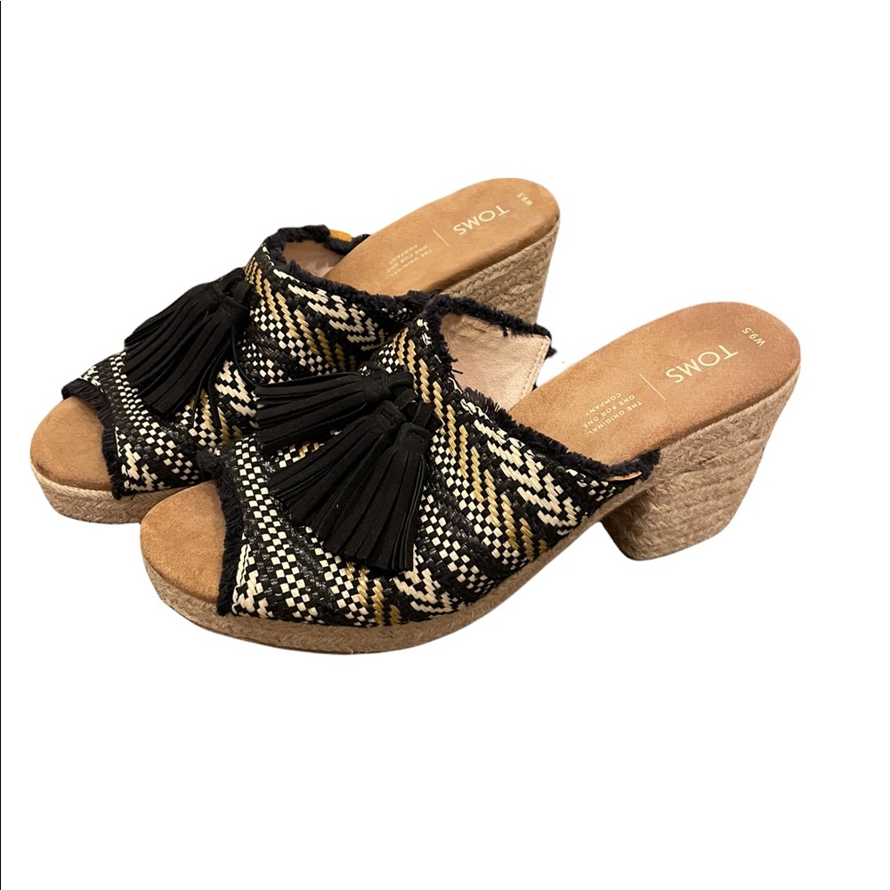 TOMS Black and Tan Woven Tassel Block Heel Mules